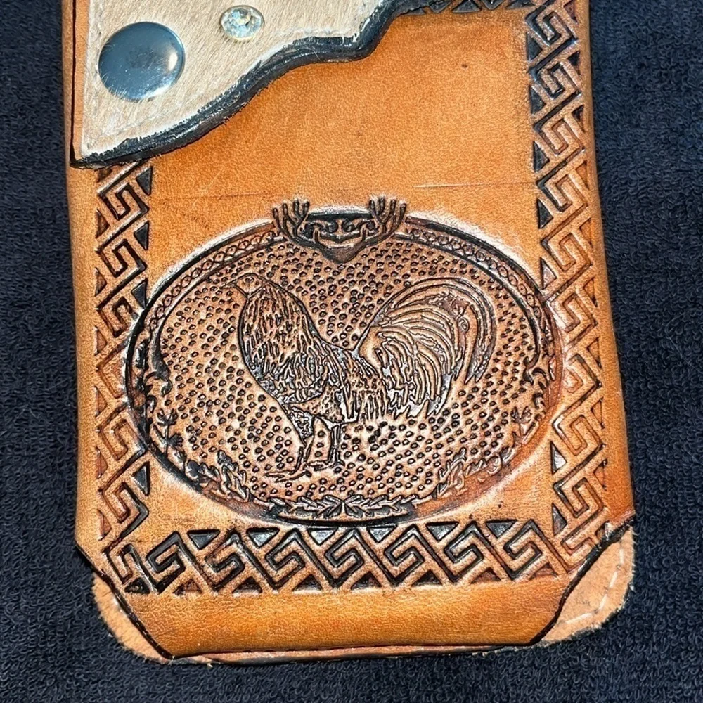 Handmade Cowboy Belt Loop Bag Carved Leather Rooster Wild West